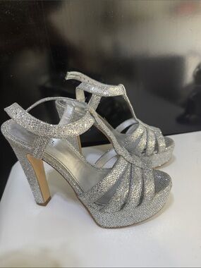 MICHAEL Michael Kors Silver Glitter Platform T-Strap Heels